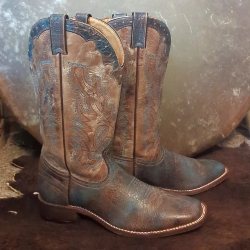 BOULET Boots #4071 mens 9E cowboy boots distressed Tan/Turqueza square toe EUC
